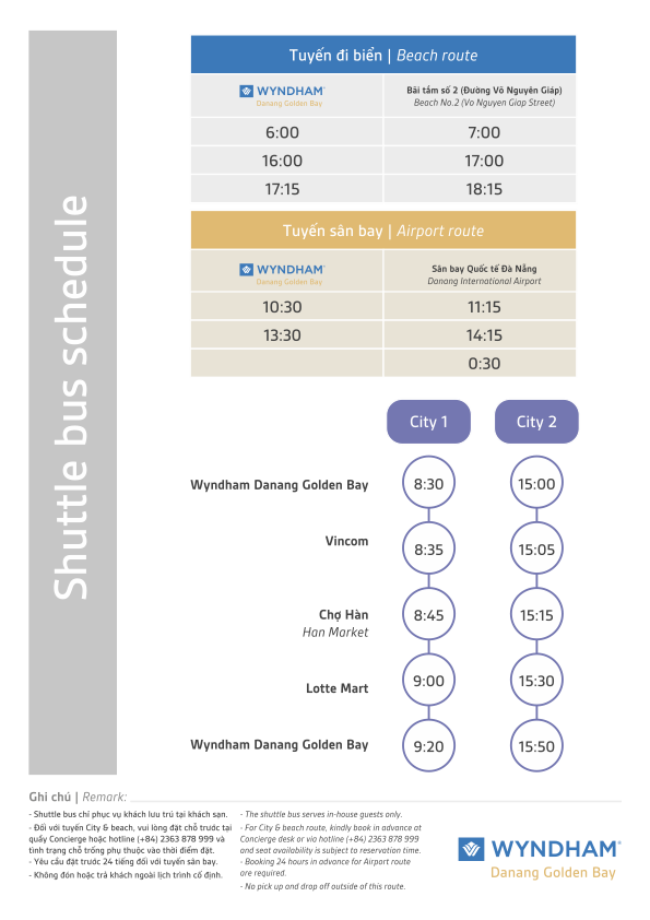 Official Wyndham Danang Golden Bay shuttle bus schedule, effective 15 April 2025