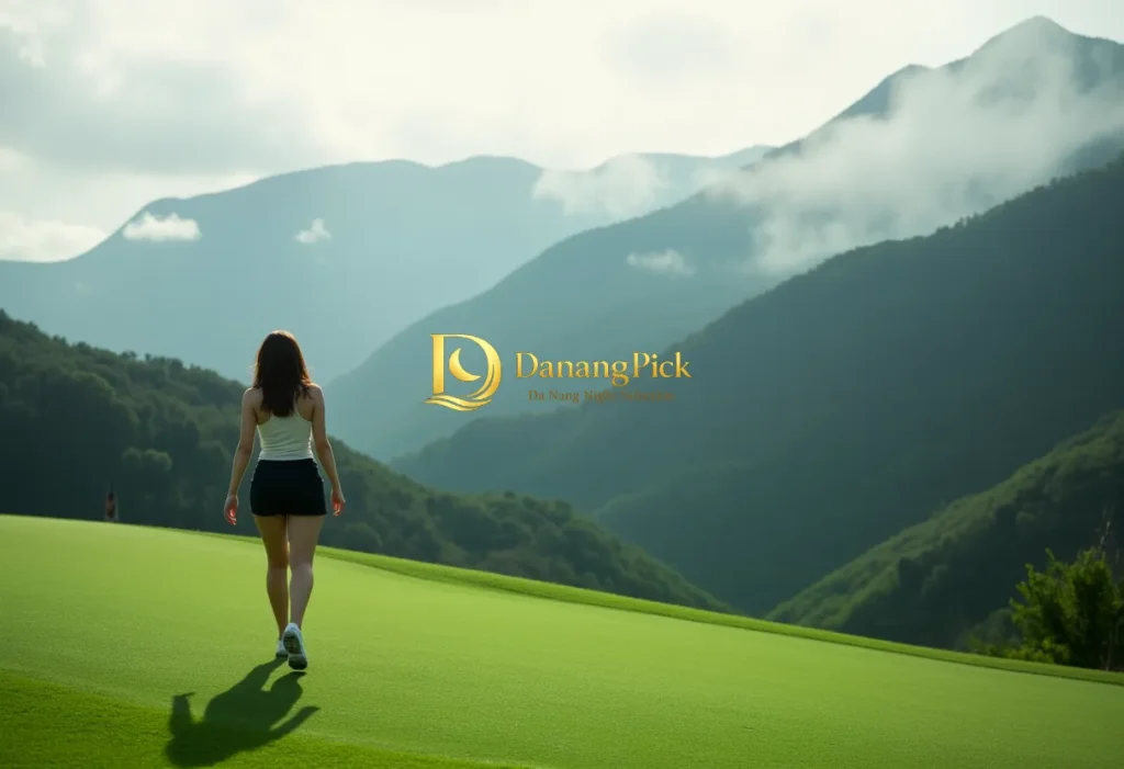 다낭 골프장에서 활짝 웃는 다낭골든베이 호텔의 매력적인 골프_에코걸. 푸른 잔디와 야자수 아래 다낭 골프 라운딩을 즐기는 여유로운 순간.