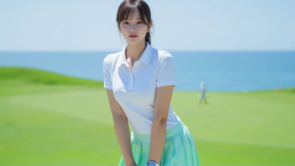 다낭의 푸른 바다가 보이는 해변 골프장에서 흰색 폴로 셔츠와 민트 스커트를 입은 여성 골퍼의 아름다운 라운딩. 다낭골든베이 호텔, 다낭골든베이 호텔.