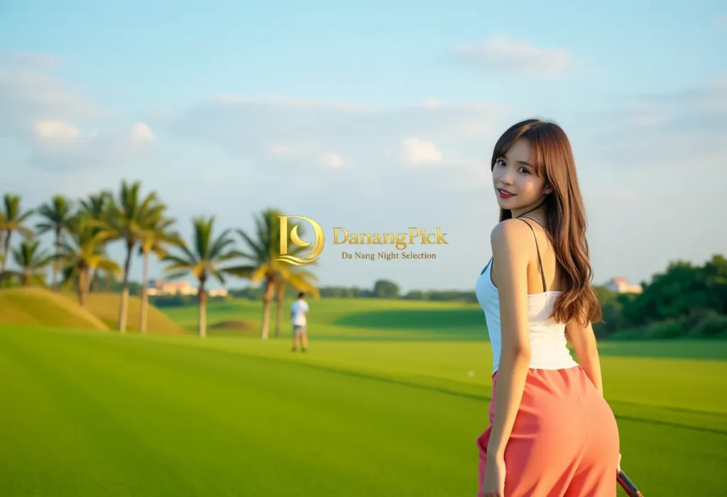 다낭 골프장에서 활짝 웃는 다낭골든베이 호텔의 매력적인 골프_에코걸. 푸른 잔디와 야자수 아래 다낭 골프 라운딩을 즐기는 여유로운 순간.