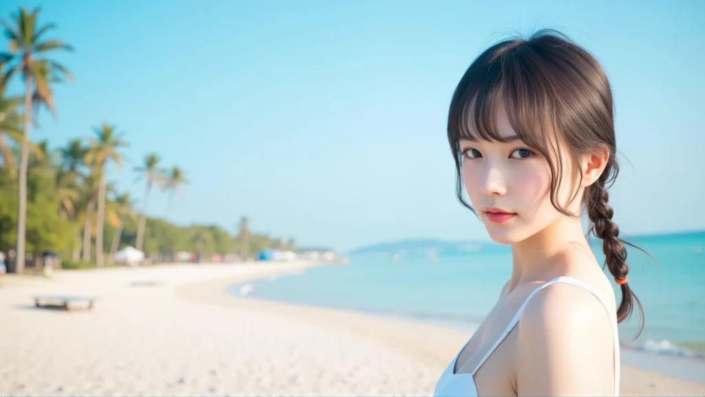 다낭골든베이 호텔 추천! 베트남 다낭 해변에서 싱그러운 야자수와 푸른 바다를 배경으로 여유로운 휴가를 즐기는 다낭골든베이 호텔 여행객의 모습.