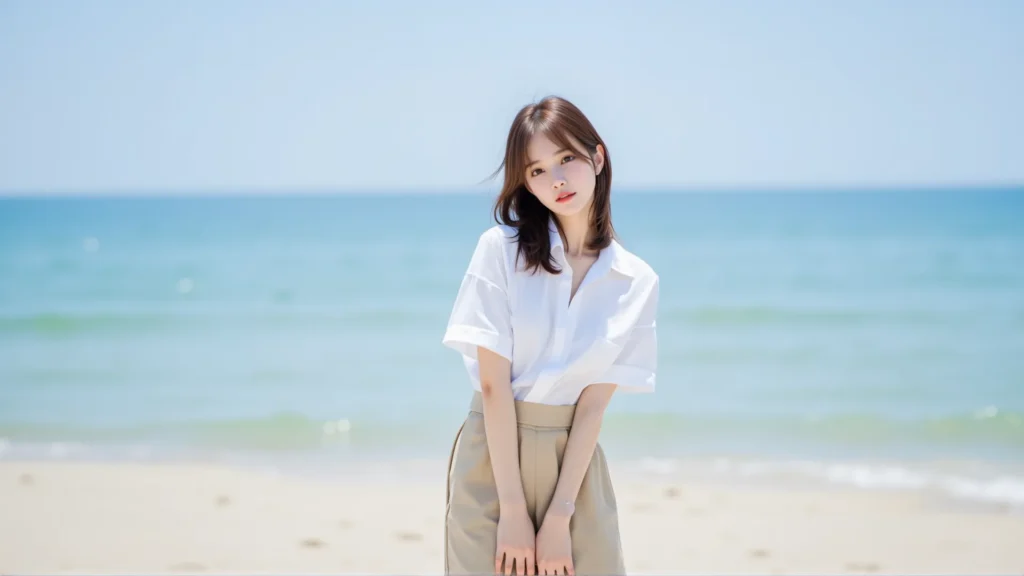 화창한 다낭 해변에서 밝은 미소의 여성이 흰 셔츠와 베이지색 반바지를 입고 포즈를 취하고 있습니다. 다낭골든베이 호텔과 함께하는 다낭 여행의 싱그러운 순간을 담다.