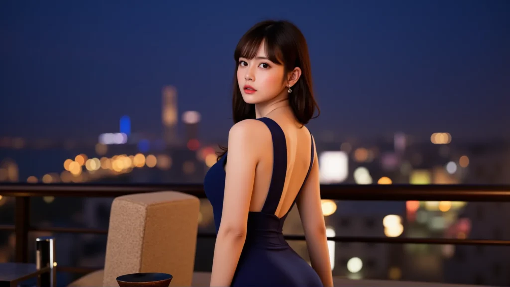 다낭의 멋진 야경을 배경으로, 우아한 백리스 드레스를 입은 매력적인 여성이 뒤돌아보고 있습니다. 특별한 다낭 밤, 다낭골든베이 호텔에서 만나보세요!
